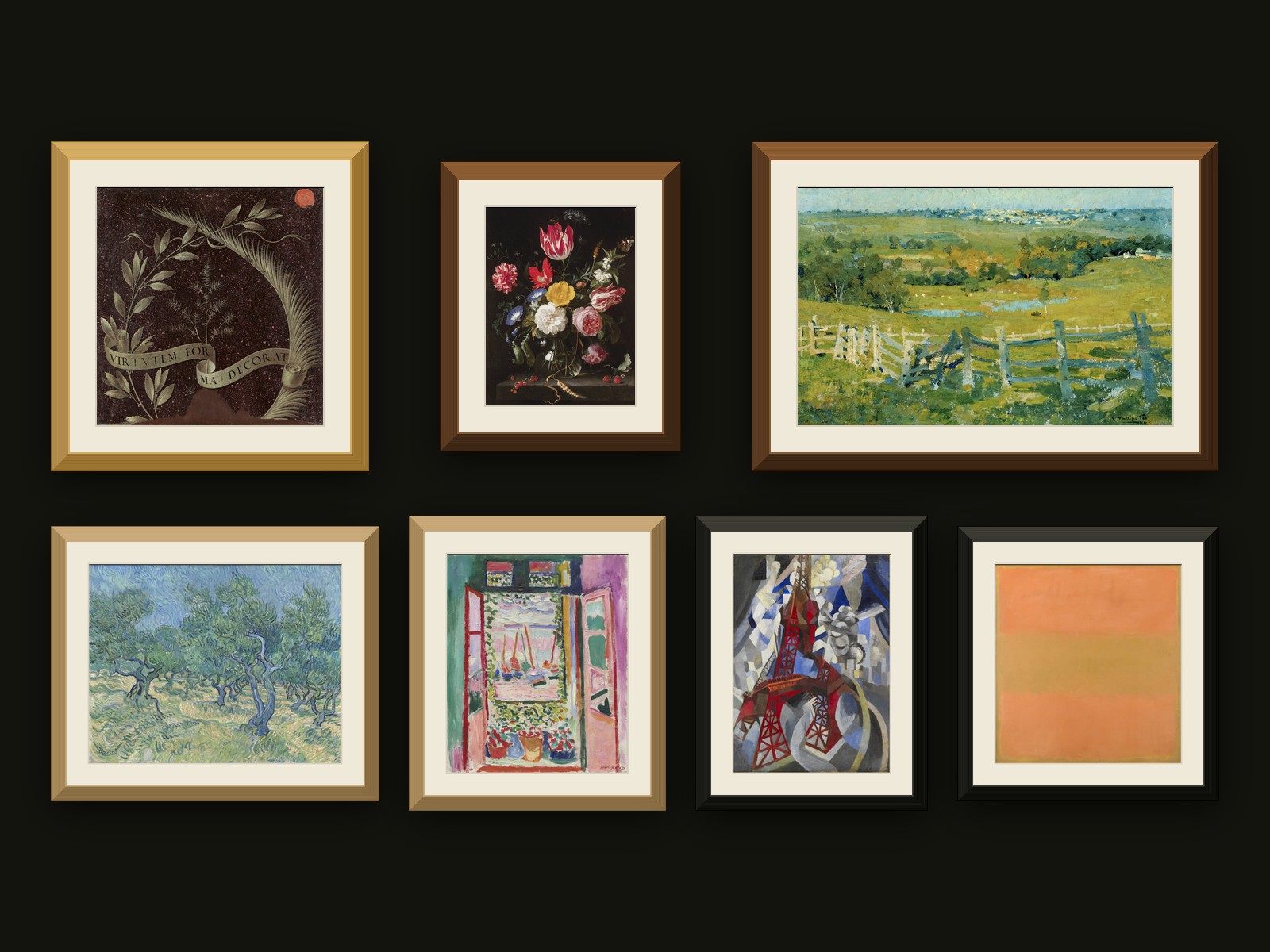 Seven framed works from the Artériel catalog hung on a dark wall, from a Renaissance study to a color-field abstract