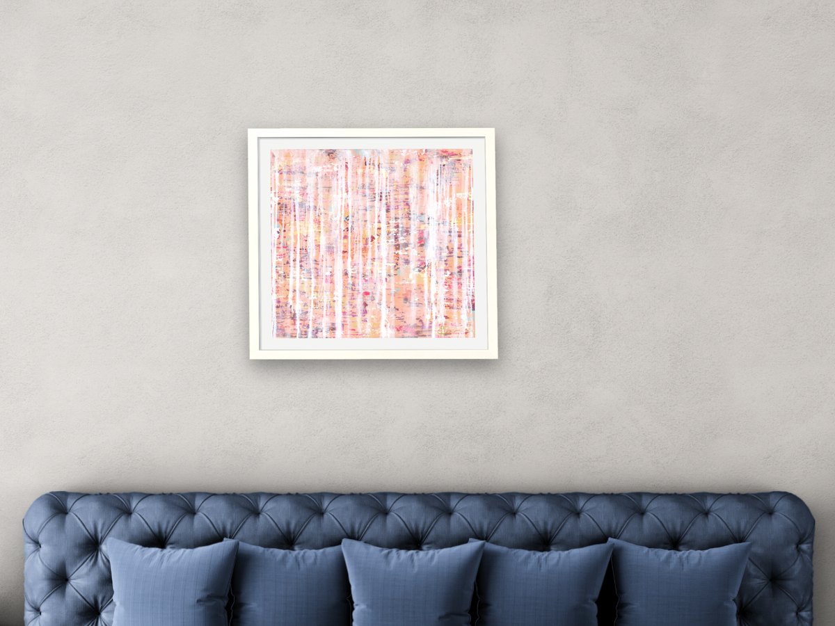 A framed print above the bed in a bedroom