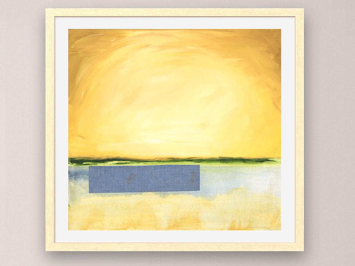 A close view of a framed contemporary painting with a natural wood moulding and a white mat on a bedroom wall