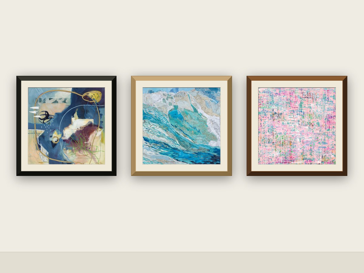 Three framed contemporary works hung in a row on a gallery wall