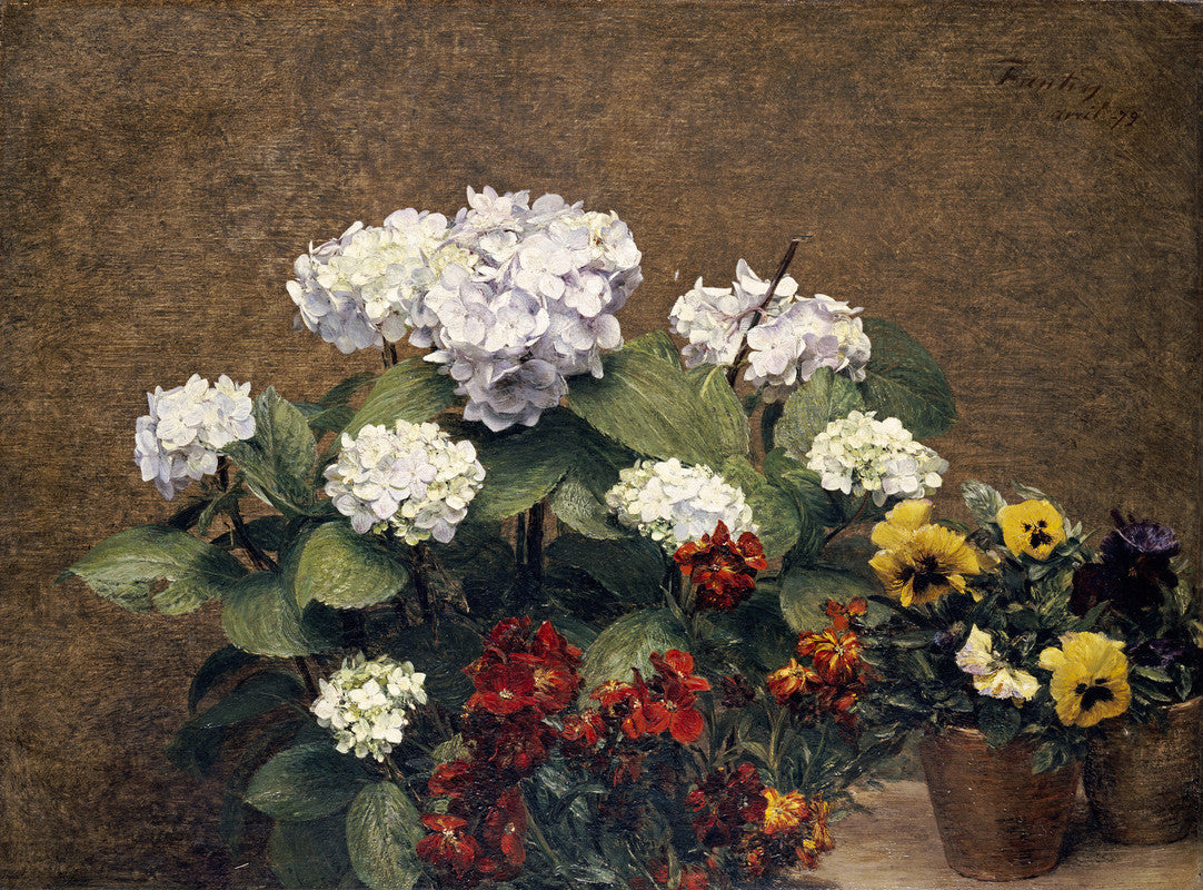 Hydrangeas, Wallflowers and Two Pots of Pansies by Henri Fantin-Latour