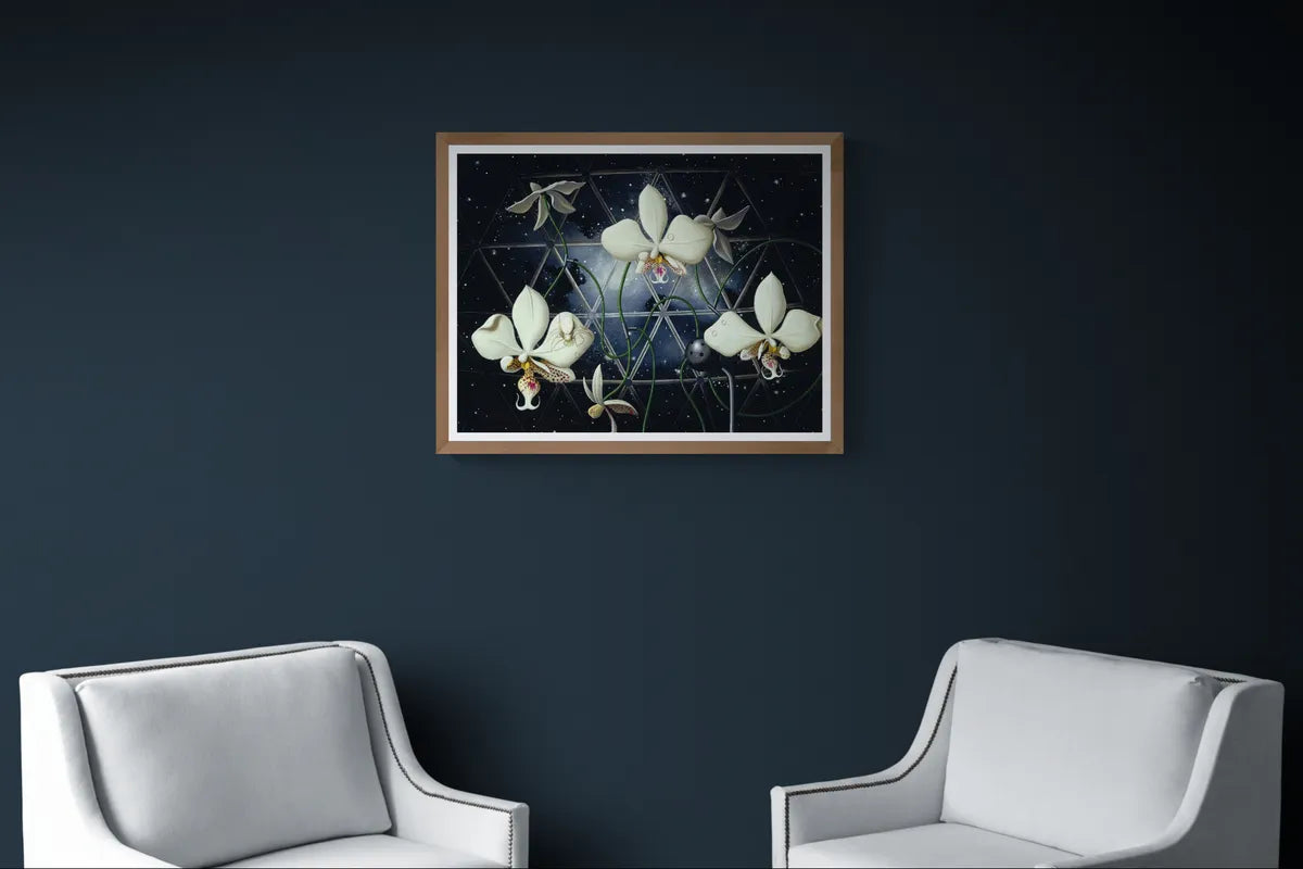 Alexis Rockman's Biosphere: Orchids in a light walnut frame in a library