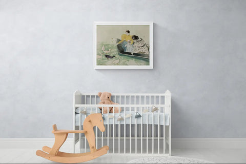 Mary Cassatt's Feeding the Ducks in a white frame above a white crib