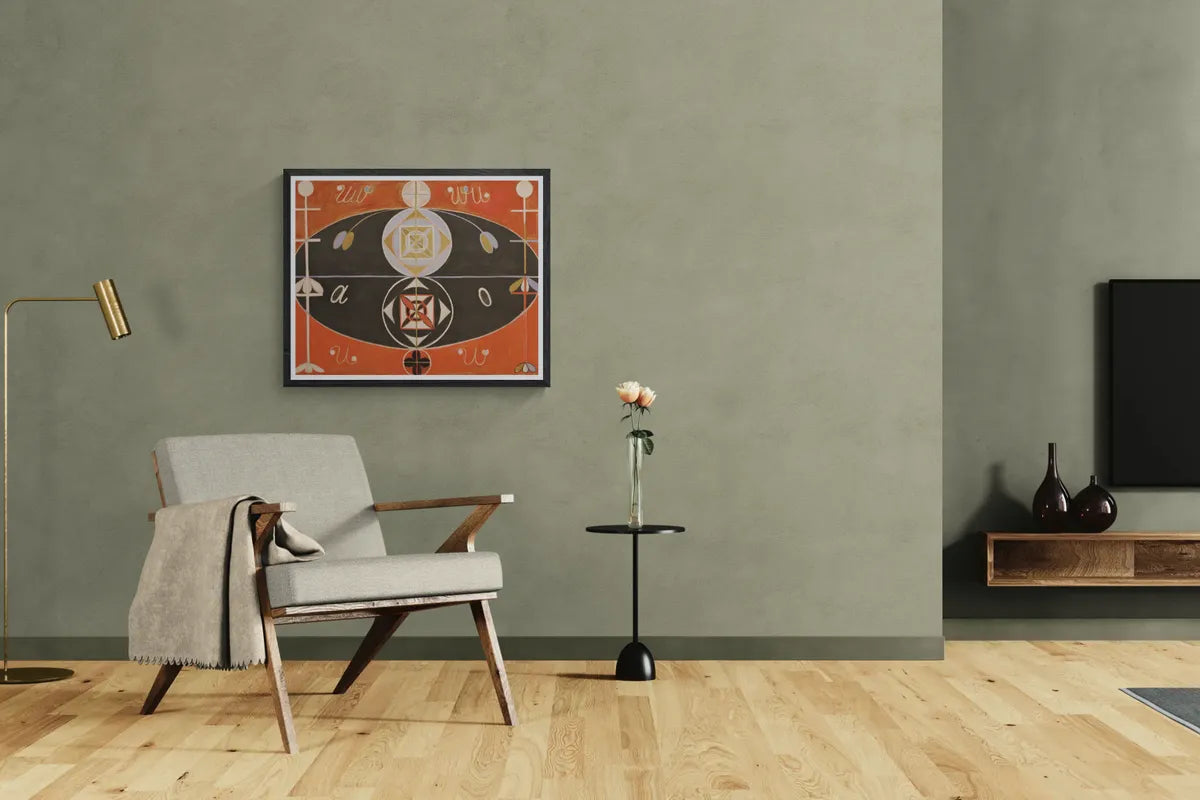 Hilma af Klint's Group VI, Evolution, No. 16 framed in black beside an armchair and a wall-mounted TV