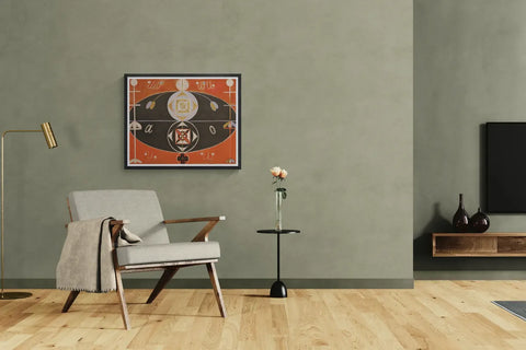 Hilma af Klint's Group VI, Evolution, No. 16 framed in black beside an armchair and a wall-mounted TV