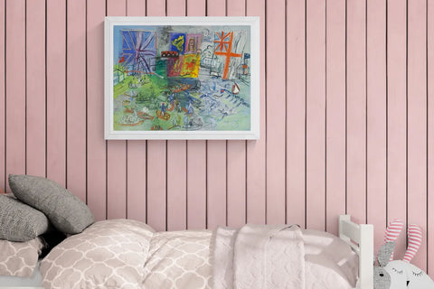Raoul Dufy's Regatta at Henley in a white frame above a child's bed against a pink slatted wall