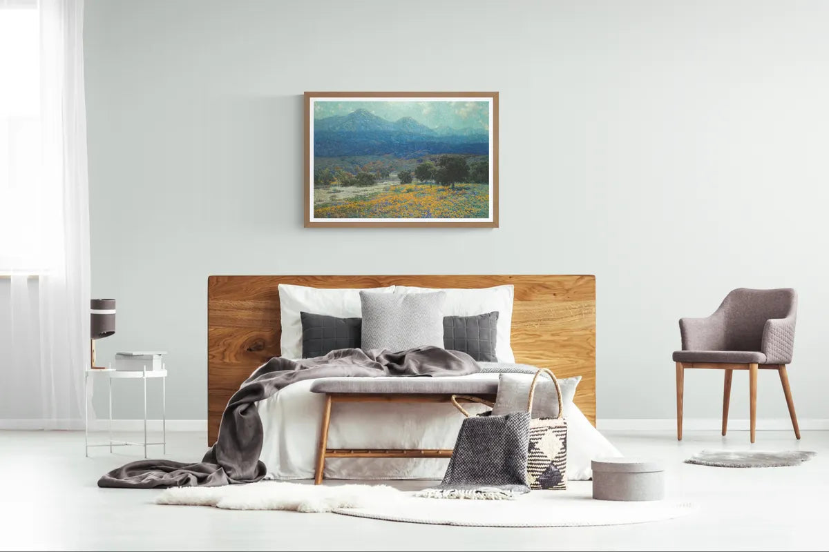 Granville Seymour Redmond's California Poppy Field in a walnut frame above a bed