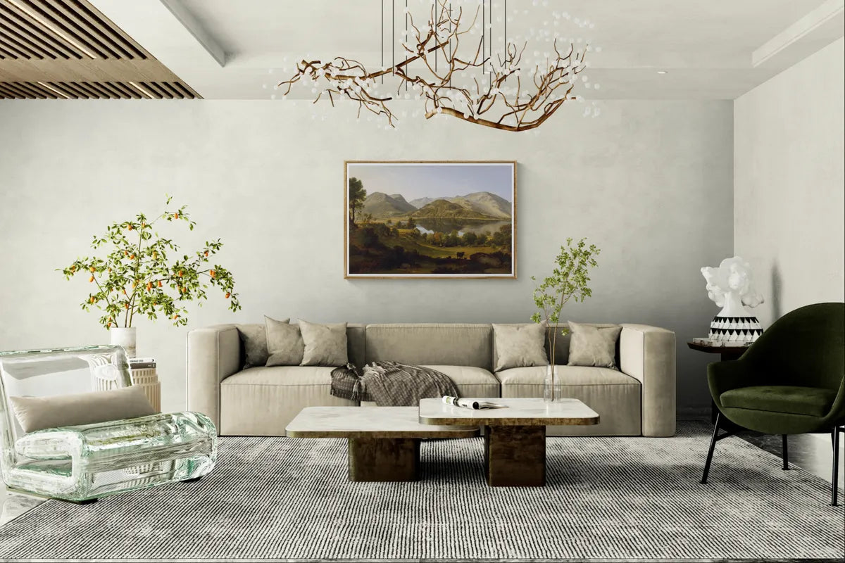 John Glover's Ullswater, early morning in a gold frame above a lounge sofa
