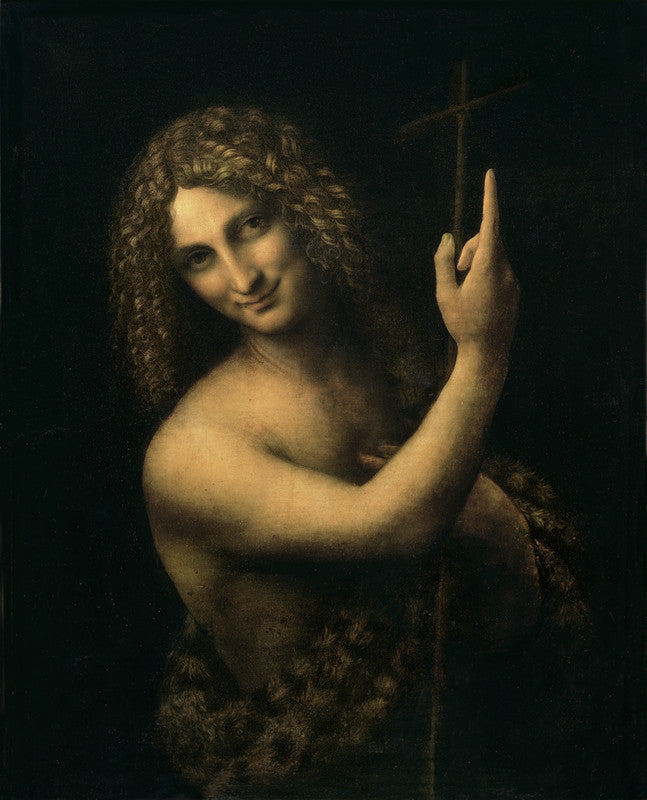Leonardo da Vinci's St. John the Baptist depicts a bare-shouldered figure with long curly hair holding a cross against a dark background.
