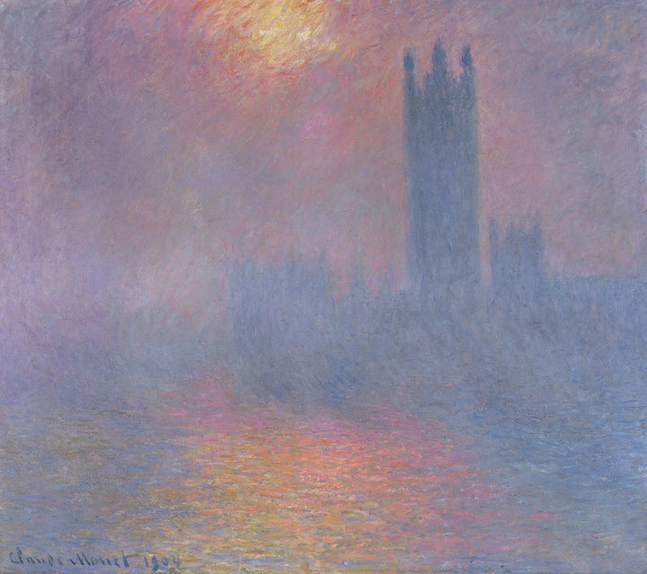 The Houses of Parliament, London, with the sun breaking through the fog
