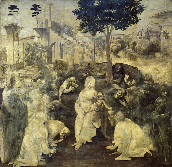 Leonardo da Vinci's unfinished 1481 painting depicts the Adoration of the Magi with figures in earth tones gathered around a central Madonna and Child in an architectural landscape.