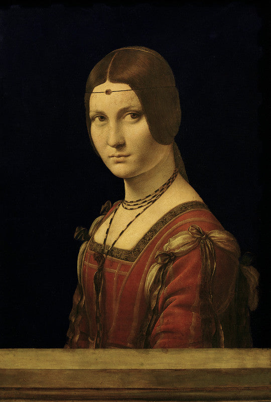 A woman in profile wearing a red dress and brown headdress against a dark background, painted in muted earth tones.