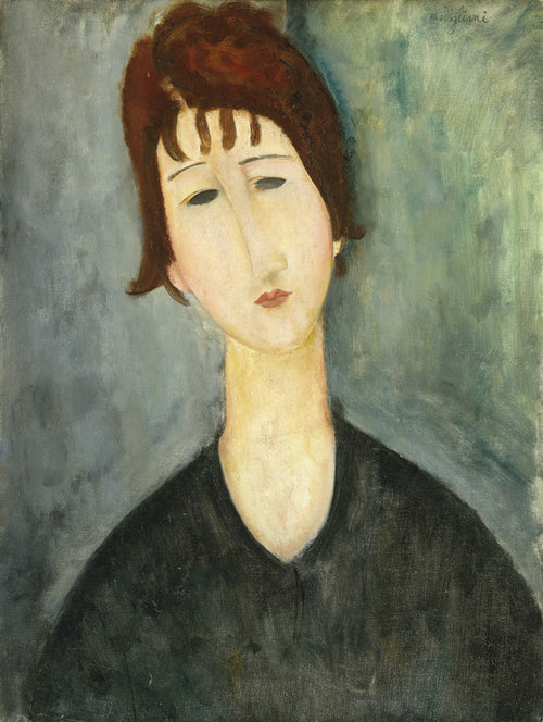A portrait of a woman with reddish-brown hair and pale skin wearing a black garment against a muted green-grey background.