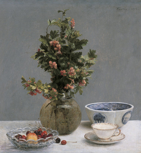 Still Life with Vase of Hawthorn, Bowl of Cherries, Japanese Bowl, and Cup and Saucer
