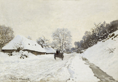La Charrette. Route sous la neige a Honfleur, avec la ferme Saint Simeon