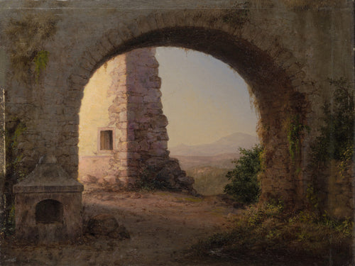 Stone archway framing distant tower and mountains under hazy sky in earth tones and pale yellows.