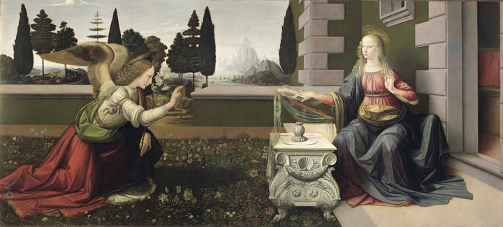 Angel Gabriel kneels before seated Virgin Mary in Renaissance interior with landscape background, rendered in soft earth tones and muted colors.