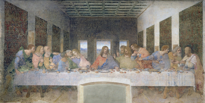 Leonardo da Vinci's Last Supper depicts thirteen figures seated at a long table in a Renaissance interior with frescoed walls.