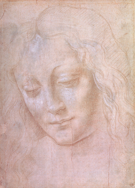 Renaissance drawing of a woman's head with curled hair, rendered in metal point and gouache on tan paper in muted earth tones.