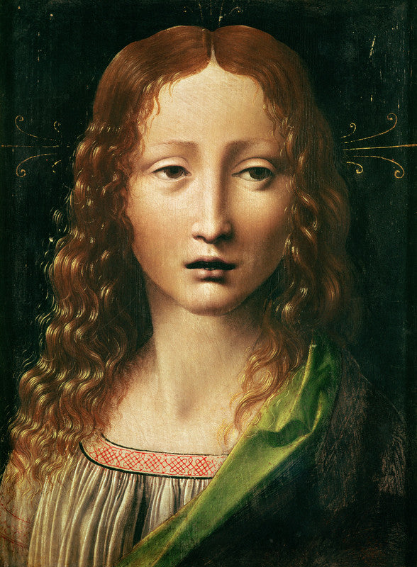 Renaissance oil painting depicting a young man with long wavy auburn hair wearing a green garment against a dark background.