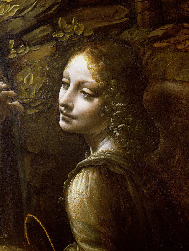 A young angel with curled hair in profile, rendered in muted browns and golds against a dark background.