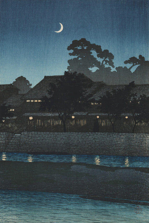 Crescent Moon and Tea Houses, Kanazawa (Kanazawa Nagare no Kuruwa), from the series Souvenirs of Travels, First Series (Tabi Miyage, Dai Isshu)