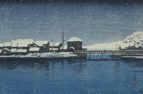 Evening Snow at Ebisu Port (Sado Ebisu Minato), from the series Souvenirs of Travels, Second Series (Tabi-Miyage, Dai Ni Shu)