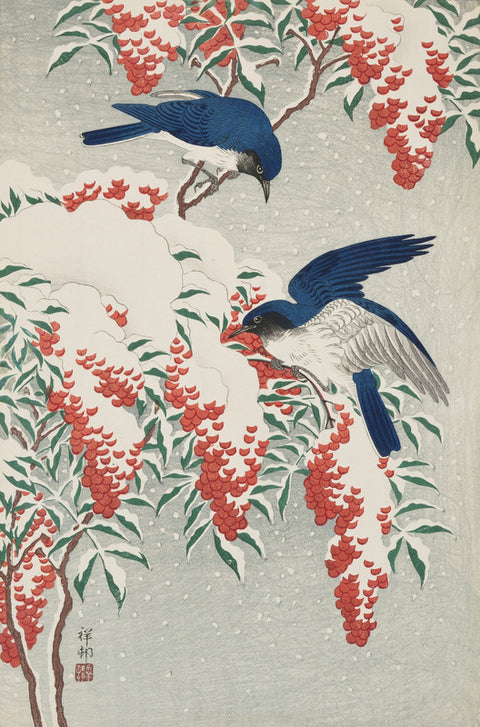 Nanten Bush and Fly Catchers in Snow (Setchu Nanten ni Ruricho)