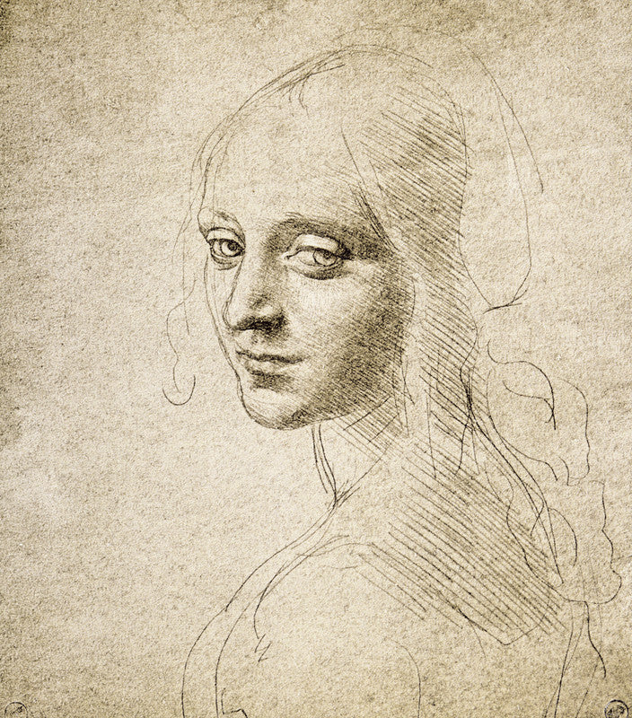 A pen and ink sketch on aged paper depicting a young girl's head in three-quarter view with long wavy hair.