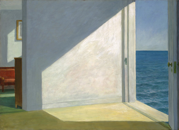 A sparse interior room with white walls and a green floor opens onto a blue ocean through an open door, painted in muted tones.