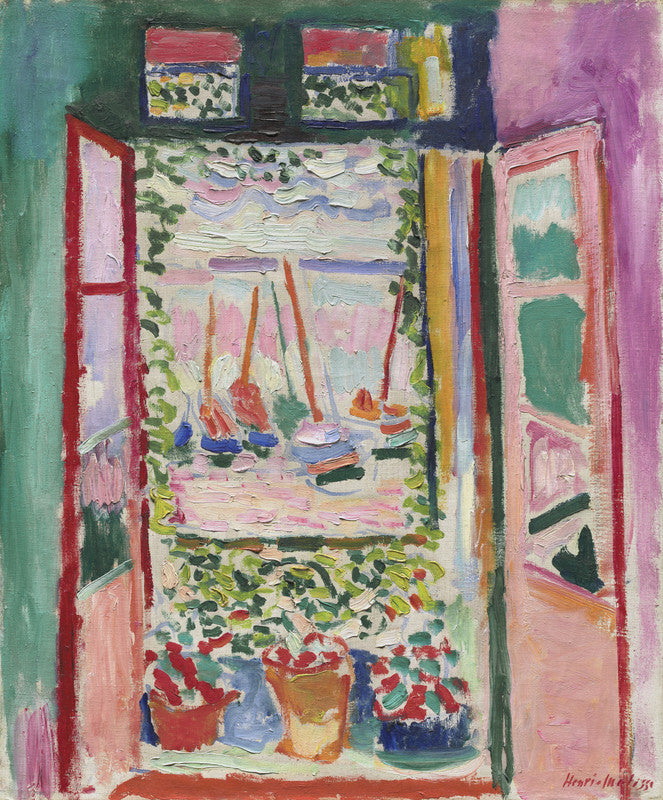 Open window framing a coastal seascape with sailboats, ivy, and potted flowers in vibrant reds, greens, pinks, and blues.