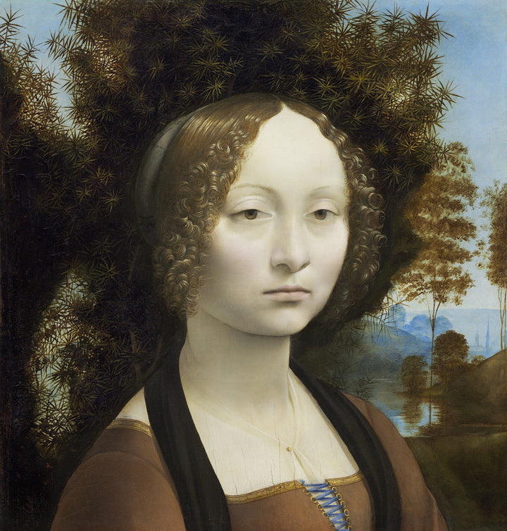 Portrait of a young woman with curled hair wearing a brown dress against a landscape background with juniper trees.