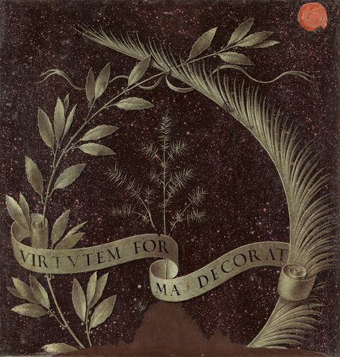 Wreath of Laurel, Palm, and Juniper with a Scroll inscribed Virtutem Forum Decorat [reverse]