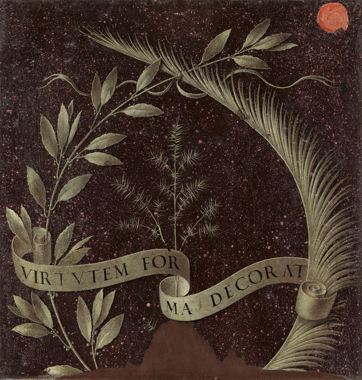 A Renaissance drawing featuring laurel, palm, and juniper branches arranged in a wreath around a central scroll inscribed with Latin text against a dark speckled background.