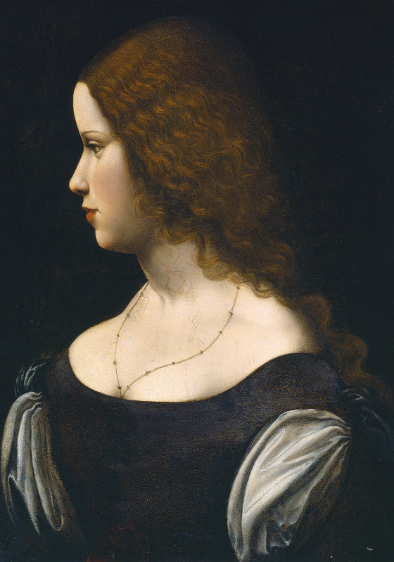 Profile portrait of a young woman with auburn curled hair wearing a black dress and light-colored sleeves against a dark background.