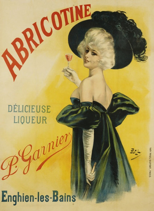 A 1898 Art Nouveau poster depicts an elegant woman in a black hat holding a liqueur glass against a yellow background, advertising Abricotine by P. Garnier.