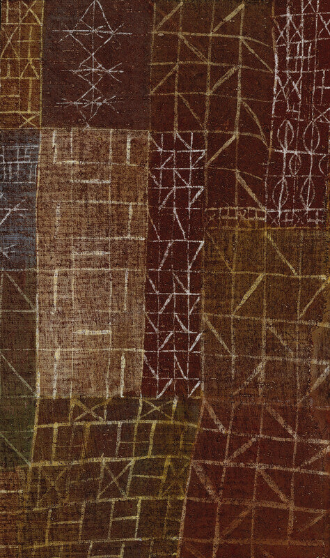 Abstract geometric composition in brown, rust, and gold tones featuring overlapping grid patterns and linear designs.