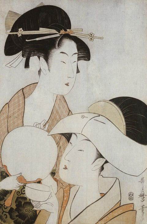 Two Beauties, One Holding a Teacup, the Other Fingering her Hairpin