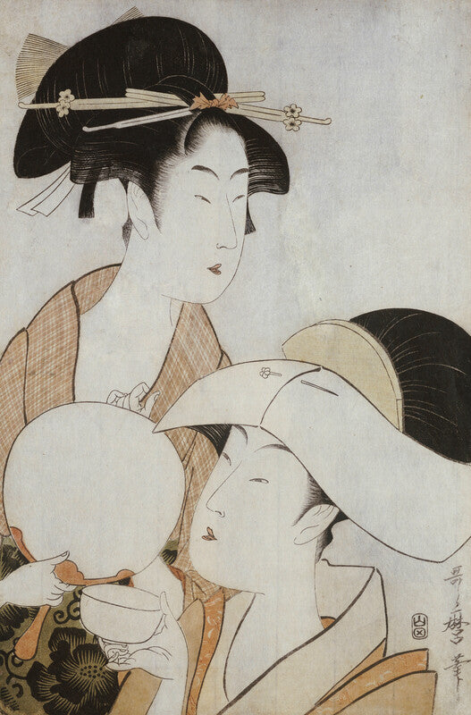Two Beauties, One Holding a Teacup, the Other Fingering her Hairpin