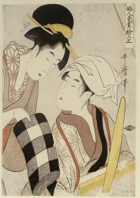 A half-length portrait of two women, one seated at a loom and the other showing a roll of black and white checkered cloth