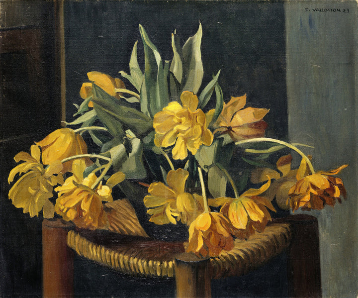 Double Yellow Tulips on a Wicker Chair