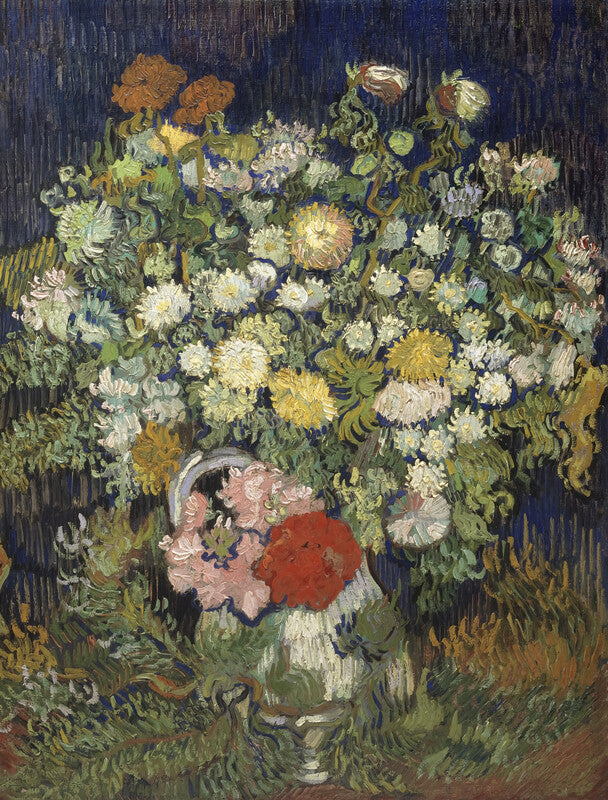 A ceramic vase filled with white, yellow, and pink flowers with green stems against a dark blue background with visible brushstrokes.