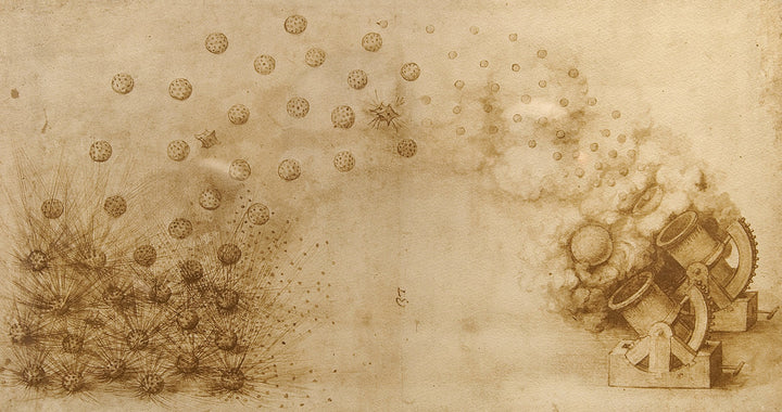 Leonardo da Vinci's sketch depicts a mortar weapon with fragmentation bombs on aged paper in sepia tones.