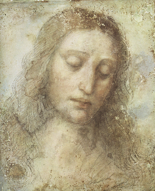 A sketch in brown and sepia tones depicting a man with long hair and downcast eyes in profile view.