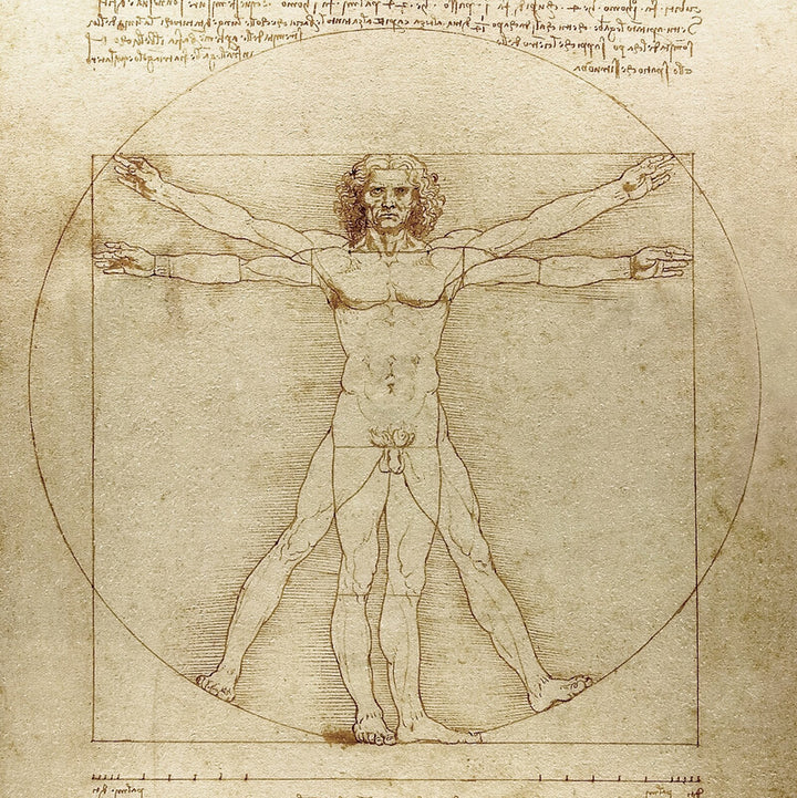 A male figure with outstretched arms and legs inscribed within a circle and square on aged beige paper with brown ink annotations.