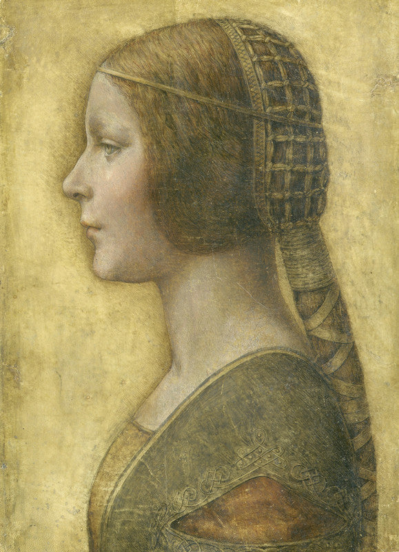 A profile portrait of a young woman with long hair in an ornate net headdress, wearing a dark embroidered garment against a golden background.