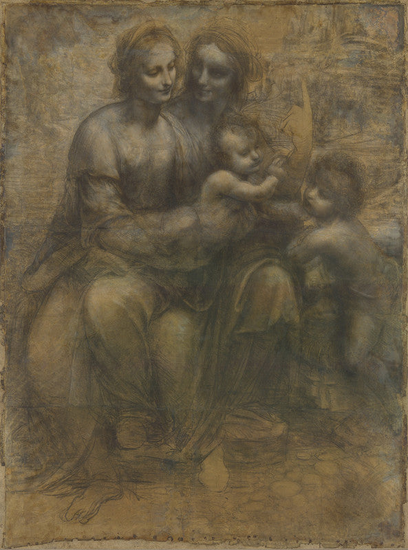 A chalk drawing depicting a woman with three children arranged in a pyramidal composition rendered in brown and tan tones.