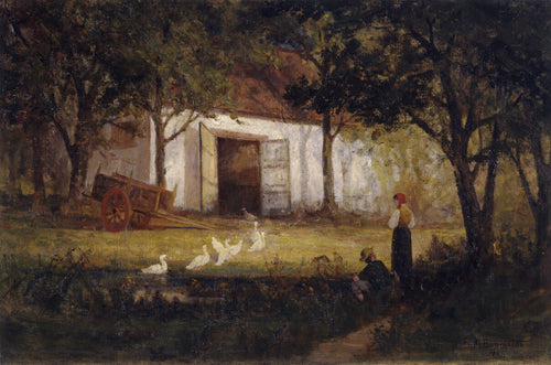 A white cottage surrounded by dark trees with figures and geese in a clearing, rendered in muted browns, greens, and whites.