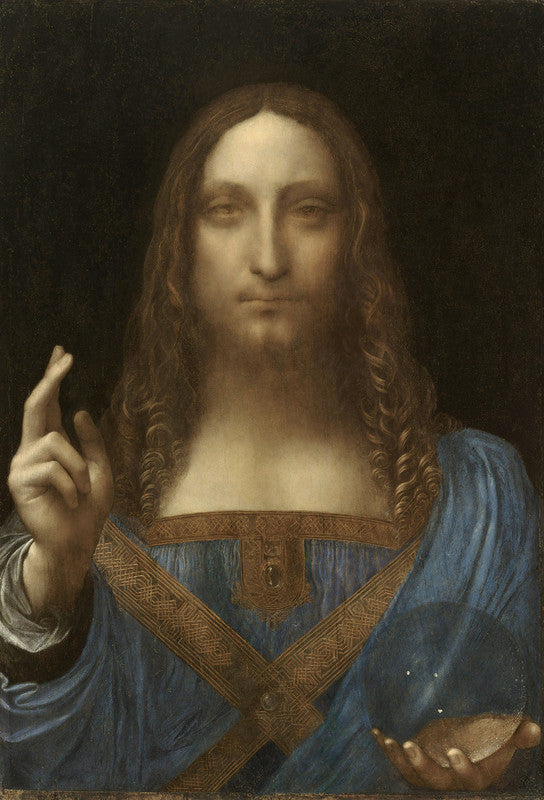 A figure with long brown hair wearing a blue robe with gold trim holds an orb while raising one hand in blessing against a dark background.
