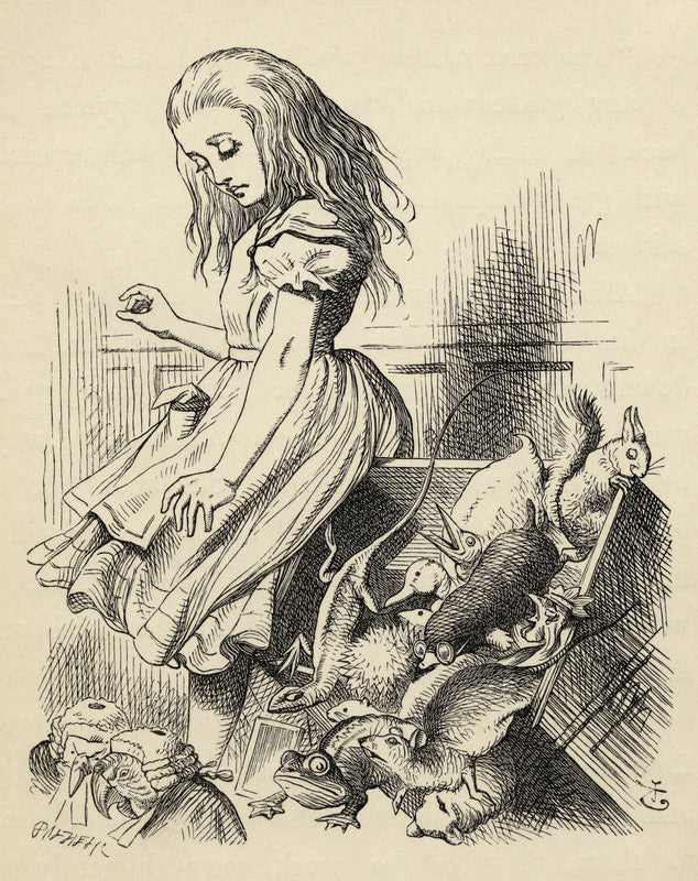 Giant Alice upsets the Jury Box, from 'Alice's Adventures in Wonderland' by Lewis Carroll
